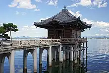 The torii gate of Mangetsu-ji on the shores of Lake Biwa, the largest freshwater lake in Japan, located in Otsu City, Shiga Prefecture