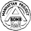 Circular shaped emblem with the words "Manhattan Project" at the top, and a large "A" in the center with the word "bomb" below it, surmounting the US Army Corps of Engineers' castle emblem