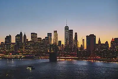 The Financial District of Lower Manhattan including Wall Street, the world's principal financial center