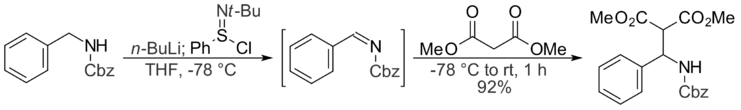 Lithiated benzylamine reacts with N-tert-butylbenzenesulfinimidoyl chloride to give an imine, which then reacts with dimethyl malonate to give a Mannich base.