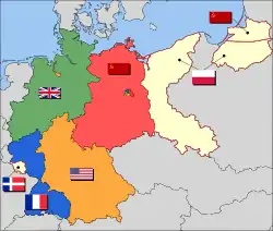 The eventual partition of Germany into Allied Occupation Zones: .mw-parser-output .legend{page-break-inside:avoid;break-inside:avoid-column}.mw-parser-output .legend-color{display:inline-block;min-width:1.25em;height:1.25em;line-height:1.25;margin:1px 0;text-align:center;border:1px solid black;background-color:transparent;color:black}.mw-parser-output .legend-text{}&nbsp;&nbsp;British zone .mw-parser-output .legend{page-break-inside:avoid;break-inside:avoid-column}.mw-parser-output .legend-color{display:inline-block;min-width:1.25em;height:1.25em;line-height:1.25;margin:1px 0;text-align:center;border:1px solid black;background-color:transparent;color:black}.mw-parser-output .legend-text{}&nbsp;&nbsp;French zone (two exclaves) and beginning in 1947, the Saar Protectorate .mw-parser-output .legend{page-break-inside:avoid;break-inside:avoid-column}.mw-parser-output .legend-color{display:inline-block;min-width:1.25em;height:1.25em;line-height:1.25;margin:1px 0;text-align:center;border:1px solid black;background-color:transparent;color:black}.mw-parser-output .legend-text{}&nbsp;&nbsp;American zone, including Bremen .mw-parser-output .legend{page-break-inside:avoid;break-inside:avoid-column}.mw-parser-output .legend-color{display:inline-block;min-width:1.25em;height:1.25em;line-height:1.25;margin:1px 0;text-align:center;border:1px solid black;background-color:transparent;color:black}.mw-parser-output .legend-text{}&nbsp;&nbsp;Soviet zone, later the GDR  .mw-parser-output .legend{page-break-inside:avoid;break-inside:avoid-column}.mw-parser-output .legend-color{display:inline-block;min-width:1.25em;height:1.25em;line-height:1.25;margin:1px 0;text-align:center;border:1px solid black;background-color:transparent;color:black}.mw-parser-output .legend-text{}&nbsp;&nbsp;Polish and Soviet annexed territory