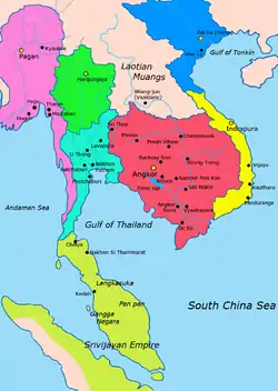 The main Champa kingdom before 1306 (yellow) lay along the coast of present-day southern Vietnam. To the north (blue) lay Đại Việt; to the west (red), the Khmer Empire .