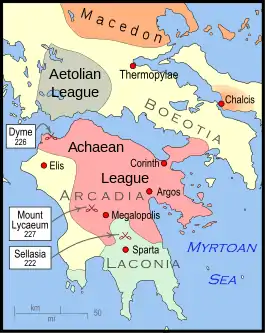 A map of Greece. That northern half of Greece is occupied by the Aetolian League and the southern territories under the control of Macedcon, while the south is occupied by Sparta, the Achaean League and several smaller states.