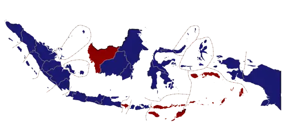 Dark blue denotes those won by Yudhoyono/Kalla, red denotes provinces won by Megawati/Hasyim.