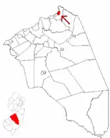 The City of Bordentown highlighted in Burlington County. Inset map: Burlington County highlighted in the State of New Jersey.