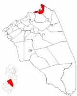 Bordentown Township highlighted in Burlington County. Inset map: Burlington County highlighted in the State of New Jersey.