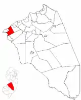 Cinnaminson Township highlighted in Burlington County. Inset map: Burlington County highlighted in the State of New Jersey.