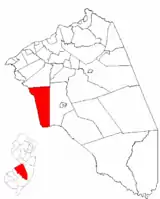 Evesham Township highlighted in Burlington County. Inset map: Burlington County highlighted in New Jersey.