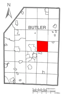 Map of Butler County, Pennsylvania highlighting Oakland Township