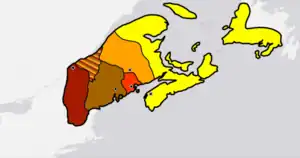Yellow – Mi'kma'ki, Orange – Wolastokuk, Red – Peskotomuhkatik, Brown – Pαnawαhpskewahki, Cayenne – Ndakinna

The dots are the listed capitals, being political centers in Wabanaki.

The mixed region is territory outside of the historic ranges of the five tribes. It was acquired from the St. Lawrence Iroquois between 1541–1608 with Abenaki peoples having moved in by the time Samuel de Champlain came to the region establishing Quebec City.