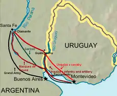 map of the Platine region showing routes of attack by armies going from Uruguay into northern Argentina and then south towards Buenos Aires