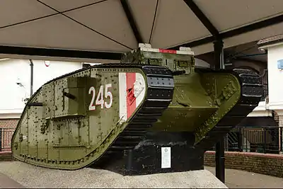 Image 18Mark IV tankPhotograph: Peter TrimmingThe Mark IV tank was introduced by the British in May 1917 to fight in World War&nbsp;I. The "female" version, as pictured here, was armed with five machine guns. Production of the Mark IV ceased at the end of the War in 1918. A small number served briefly with other combatants afterwards.This Mark IV tank, on display in Ashford, Kent, was presented to the town after the end of World War I. The engine was removed to install an electricity substation inside it, though this substation was subsequently removed; the tank's interior is now empty.More selected pictures