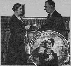 Receiving a winner's check from Josephine Schain, 1931. The poster (insert) was in vogue until 1937.