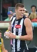 Mason Cox in 2017 as 211.5 cm (6 ft 11 in) Collingwood ruck/forward Texas born and raised to the age of 23