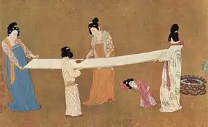 Image 4Ladies making silk, early 12th-century painting by Emperor Huizong of Song (a remake of an 8th-century original by artist Zhang Xuan), illustrates silk fabric manufacture in China. (from History of clothing and textiles)