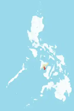 Map of Metro Iloilo–Guimaras (in red) including the province of Iloilo highlighted in light orange.