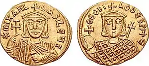 Two gold coins with busts of Michael and Theophilos