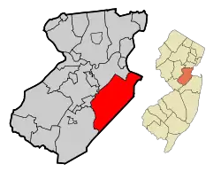 Map of Old Bridge Township in Middlesex County. Inset: Location of Middlesex County highlighted in the State of New Jersey.