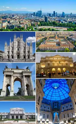 Clockwise from top: Porta Nuova; Sforza Castle; La Scala; Galleria Vittorio Emanuele II; Milano Centrale railway station; Arch of Peace; and Milan Cathedral