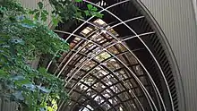 Closeup view of the steel beams and glass panels that makeup the chapel