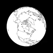 Figure 10: View of the Earth from the apogee of a Molniya orbit under the assumption that the longitude of the apogee is 90°&nbsp;W. The spacecraft is at an altitude of 39,867&nbsp;km over the point 90°&nbsp;W 63.43°&nbsp;N.