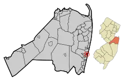 Map of Bradley Beach in Monmouth County. Inset: Location of Monmouth County highlighted in the State of New Jersey.