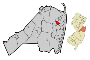 Map of Shrewsbury in Monmouth County. Inset: Location of Monmouth County highlighted in the State of New Jersey.