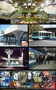 Top: Lionel-Groulx Metro station and STM logo.  Prior to 2002, it was referred to as STCUM.
Second row: Honored-Beaugrand Metro station, a 1996 NovaBus LFS "167 The Casino" leaving the Montreal Biosphère and heading to the Casino de Montréal.
Third row: Georges-Vanier Metro station, Berri-UQAM Metro station.
Bottom: Montreal's first two mayors, James Viger and Peter McGill, in stained glass in the McGill Station of the Montreal Metro.