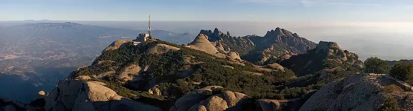 Image 15MontserratPhoto credit: DiliffA stitched panorama taken from St Jerome, the summit of Montserrat, a 1,236&nbsp;m (4,055&nbsp;ft) mountain near Barcelona, Spain. The mountain's name means "jagged mountain" and is used because of the peculiar aspect of the formation, which is visible from a great distance.More selected pictures