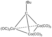 In the cobalt cluster .mw-parser-output .template-chem2-su{display:inline-block;font-size:80%;line-height:1;vertical-align:-0.35em}.mw-parser-output .template-chem2-su>span{display:block;text-align:left}.mw-parser-output sub.template-chem2-sub{font-size:80%;vertical-align:-0.35em}.mw-parser-output sup.template-chem2-sup{font-size:80%;vertical-align:0.65em}Co3(CO)9(CtBu), the .mw-parser-output .template-chem2-su{display:inline-block;font-size:80%;line-height:1;vertical-align:-0.35em}.mw-parser-output .template-chem2-su>span{display:block;text-align:left}.mw-parser-output sub.template-chem2-sub{font-size:80%;vertical-align:-0.35em}.mw-parser-output sup.template-chem2-sup{font-size:80%;vertical-align:0.65em}CtBu ligand is triply bridging, although this aspect is typically not indicated in the formula.