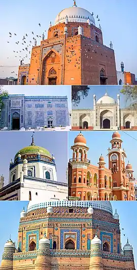 Clockwise from top:Shrine of Bahauddin Zakariya, Shahi Eid Gah Mosque, Ghanta Ghar, Tomb of Shah Rukn-e-Alam, Shrine of Shamsuddin Sabzwari, Blue-tiled tomb of Shah Gardez