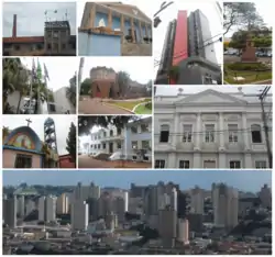 From the left to the right: the Prada Building, the Fraternity Palace, Commercial Centre Edifice, revolutionary monument on Toledo Barros plaza, the Spencer Vampré City Forum, the Grotto, the Levy Manour, St. Thérèse of Lisieux Church, E.E. Brasil high school and skyline seen from Jd. Planalto.