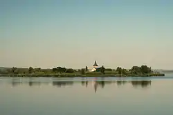 Church of Saint Leonard of Noblac, the only remaining building left, standing on an island in the Věstonice Reservoir