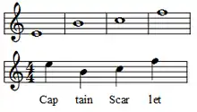 The image depicts musical notation of two similar motifs consisting of four notes, one featuring only semibreves and the other only crotchets.