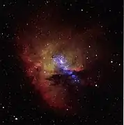 NGC 281 in the optical (red, yellow) and X rays (blue)