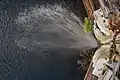 Savannah Bluff Lock and Dam; Water spraying from upstream pool into lock chamber through upper gate as viewed from walkway.