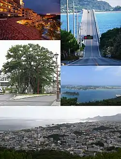 Top left:A resort place in Busena marine park, Top right:Koriya Bridge, between Yagagi and Koriya Island, Middle left:A Hinpun Gajumara tree in Higashie area, Middle right:View of Yagagi Island, from Arashiyama observation deck, Bottom:Panorama View of downtown Nago, from Nago Central Park