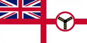 This is the ensign on the Royal Niger Company (1887-1895) as described in Flags for Ship Modellers and Maritime Artists, Alec A. Purves. This flag is unique in that it is a rare example of a defaced White Ensign. This was replaced by the Blue Ensign in 1895 following a warrant from the Admiralty. "Ars, Jus, Pax" translates to Art, Justice, Peace.