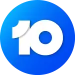 A stylized white numeral 10, connected, in a sans serif on a blue gradient circle