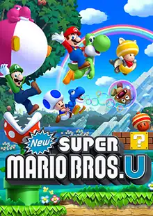 The 4 playable characters of the game are in the Acorn Plains world. Mario is jumping on Yoshi as they look to the camera. Luigi with a shocked expression is holding onto a Balloon Baby Yoshi trying to avoid a Piranha Plant. Blue Toad is holding onto a bubble-blowing Baby Yoshi as it blows bubbles and traps a Goomba inside. Yellow Toad is flying while wearing the Flying Squirrel Suit. The game's logo appears below.