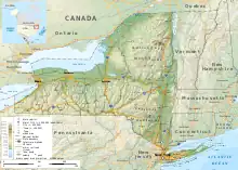 A topographic map of the state of New York, with urban and geographic features marked
