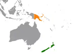 Map indicating locations of New Zealand and Papua New Guinea