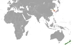 Map indicating locations of New Zealand and South Korea