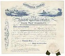 Stock certificate of the Newcastle upon Tyne and Carlisle Railway Company for 17 Preference Shares, issued on 6 June 1857