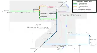 Orange line is Sormovskaya; blue line is Priokskaya; grey lines is not included in the Urban Electric Train; light-red line is Line 1 of metro; light-blue line is Line 2 of metro