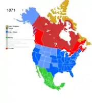 Map showing Non-Native American Nations Control over N America c. 1871