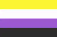 Non-binary pride flag, made up of four horizontal stripes, which are, from top to bottom, yellow, white, purple, and black.