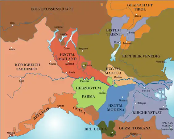 1796: northern Italy before the French invasion..mw-parser-output .legend{page-break-inside:avoid;break-inside:avoid-column}.mw-parser-output .legend-color{display:inline-block;min-width:1.25em;height:1.25em;line-height:1.25;margin:1px 0;text-align:center;border:1px solid black;background-color:transparent;color:black}.mw-parser-output .legend-text{}&nbsp;&nbsp;Kingdom of (Piedmont–)Sardinia