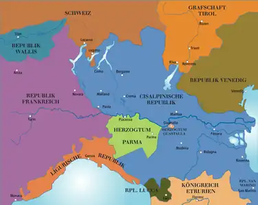 1803: Sister republics in Northern Italy(map error[which?] in Novara and Veneto)