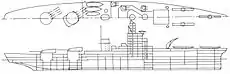 A line drawing of a ship with two stern gun turrets, both on the centerline, and catapults and a crane forward for aircraft